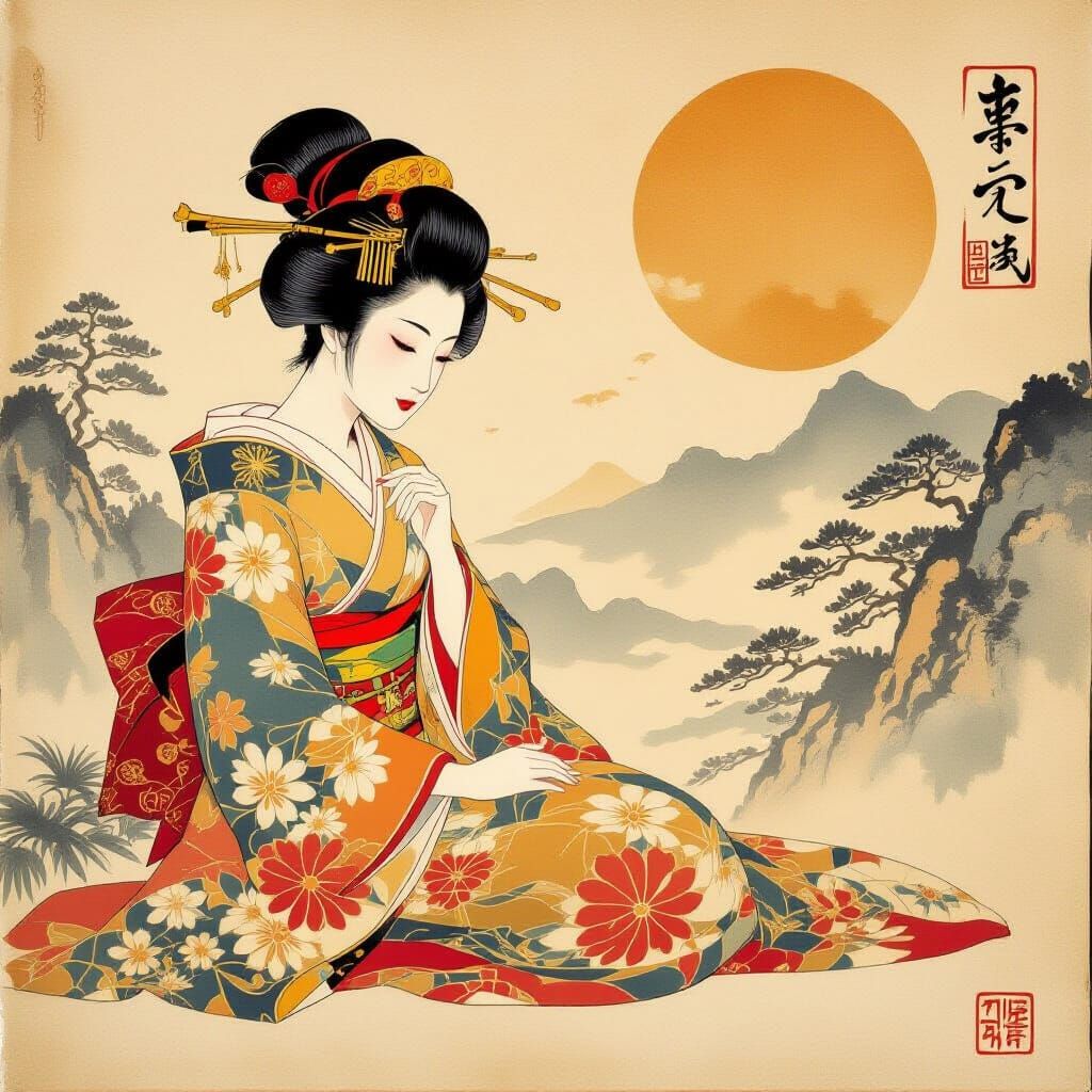 Penitent Himiko in Traditional Japanese Nihonga Style