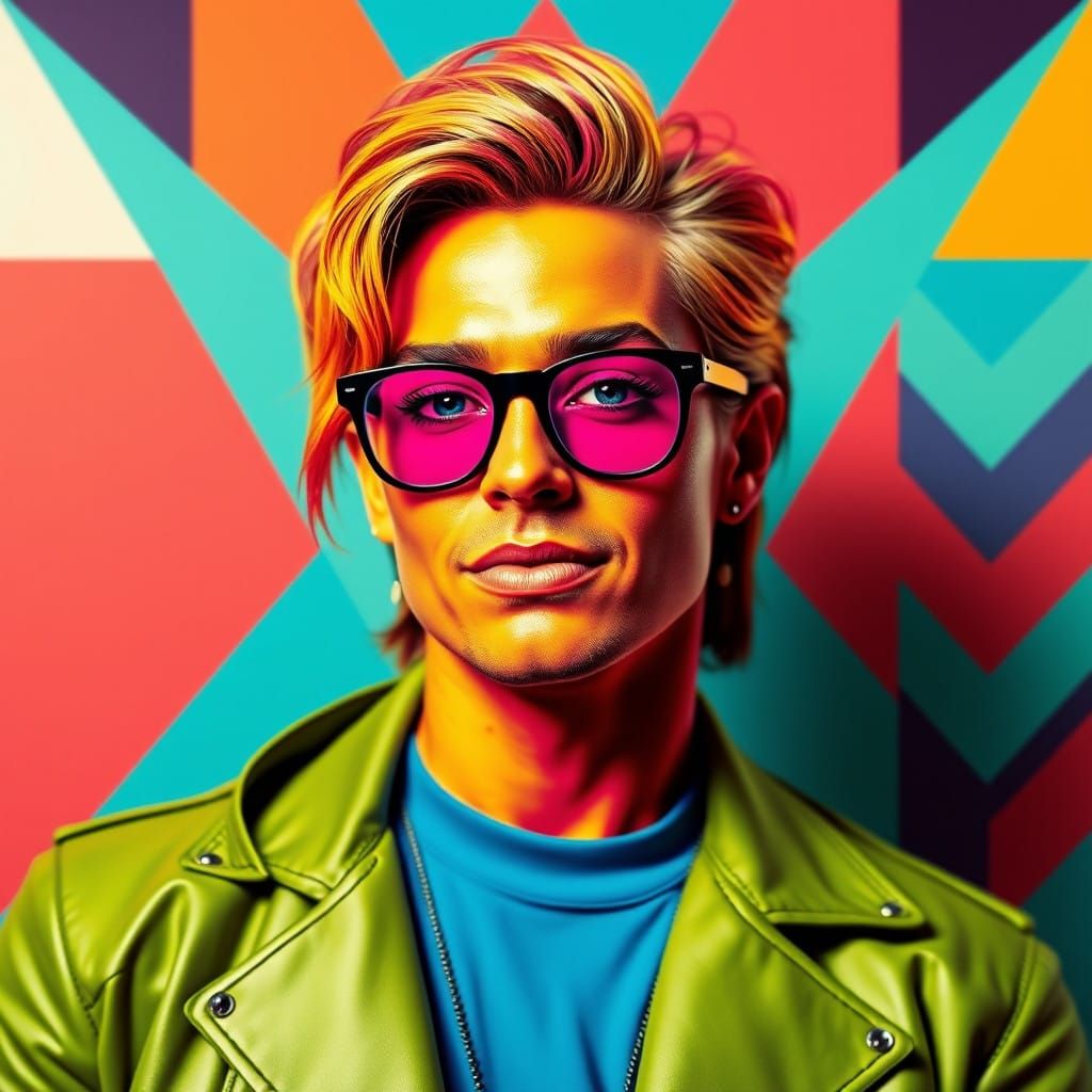 Bold Pop Art Portrait in Bauhaus Style with Geometric Backgr...