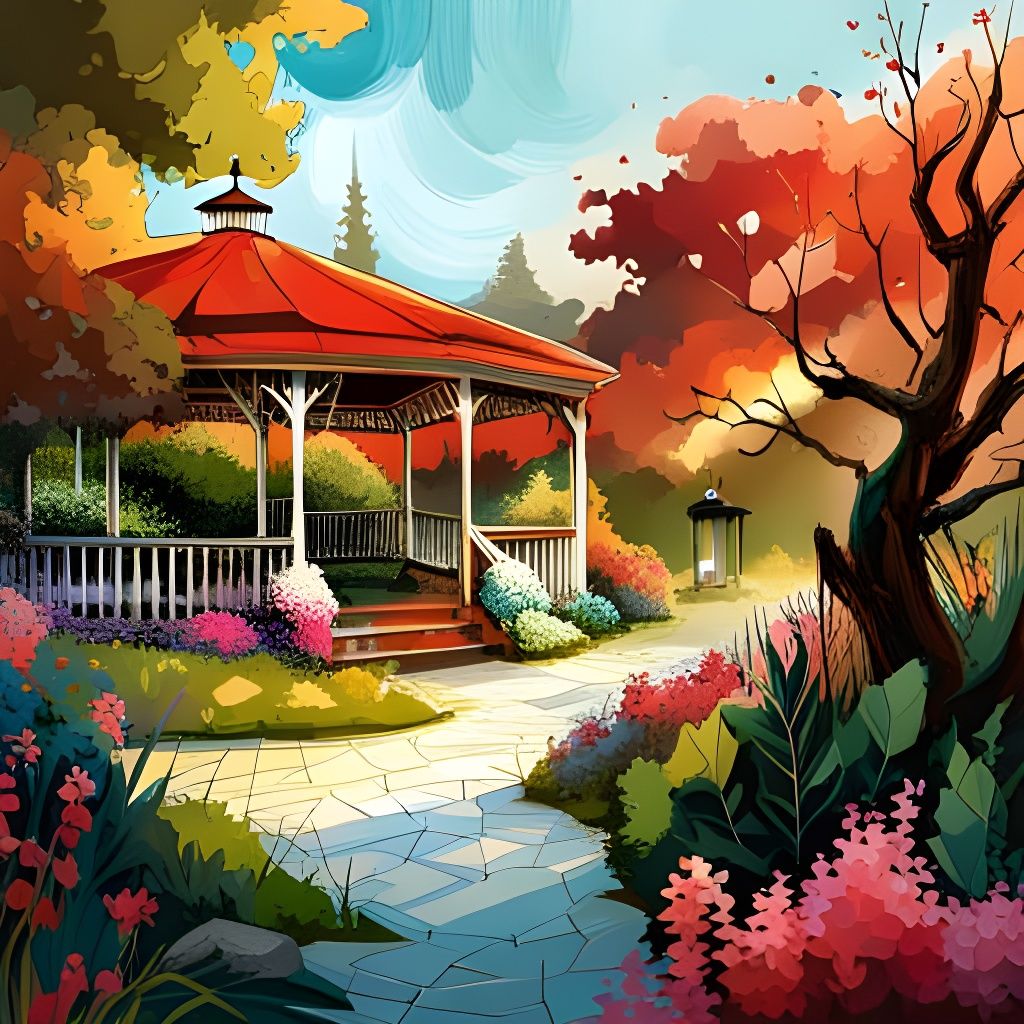 Botanical Garden Gazebo with Mosaic Path Illustration