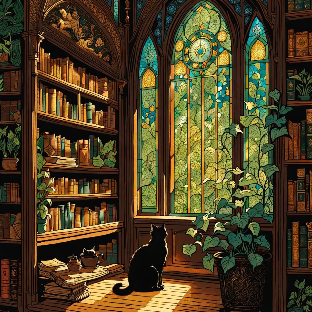 Cats in Antique Bookshop with Stained Glass