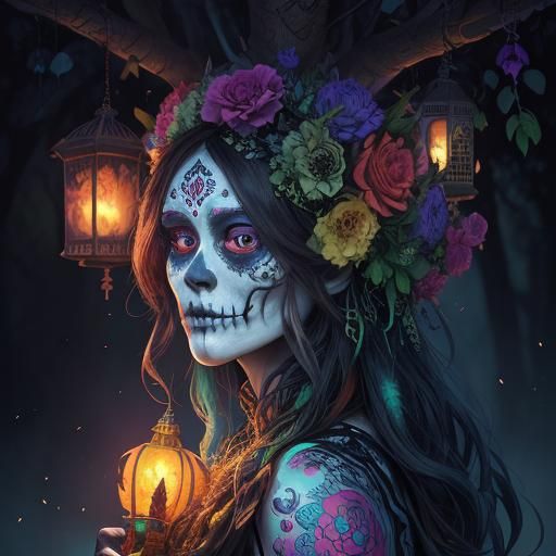 Colorful Sugar Skull in Lush Micronesian Forest