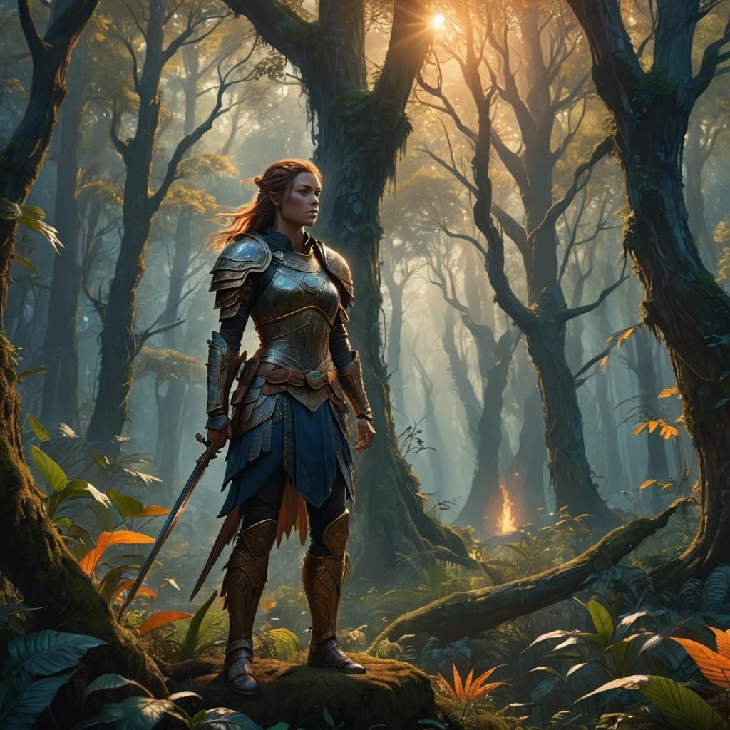 Female Warrior in Mystical Forest: Digital Matte Painting