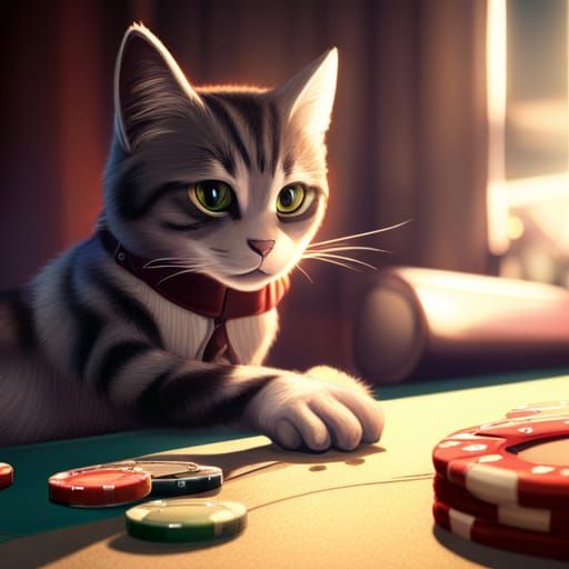 Cat at Poker Table: 3D Rendered Art