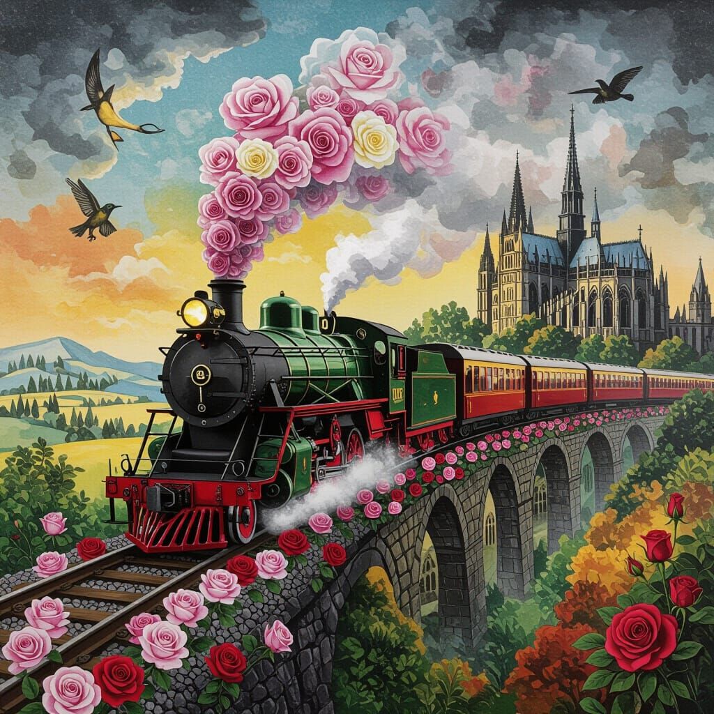 Floral Train in Gothic Landscape, Alcohol Ink Style
