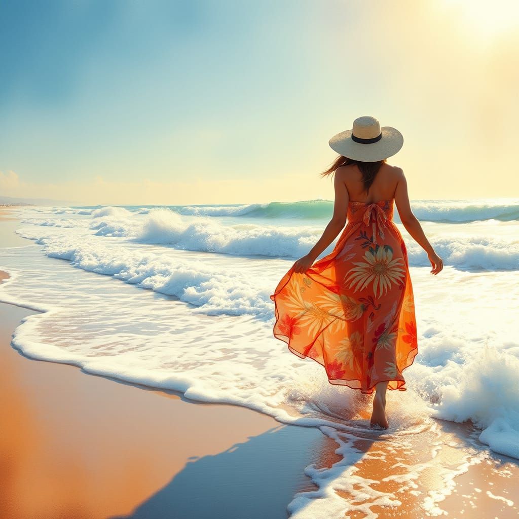 Woman Walking on a Sun-Kissed Beach at Midday