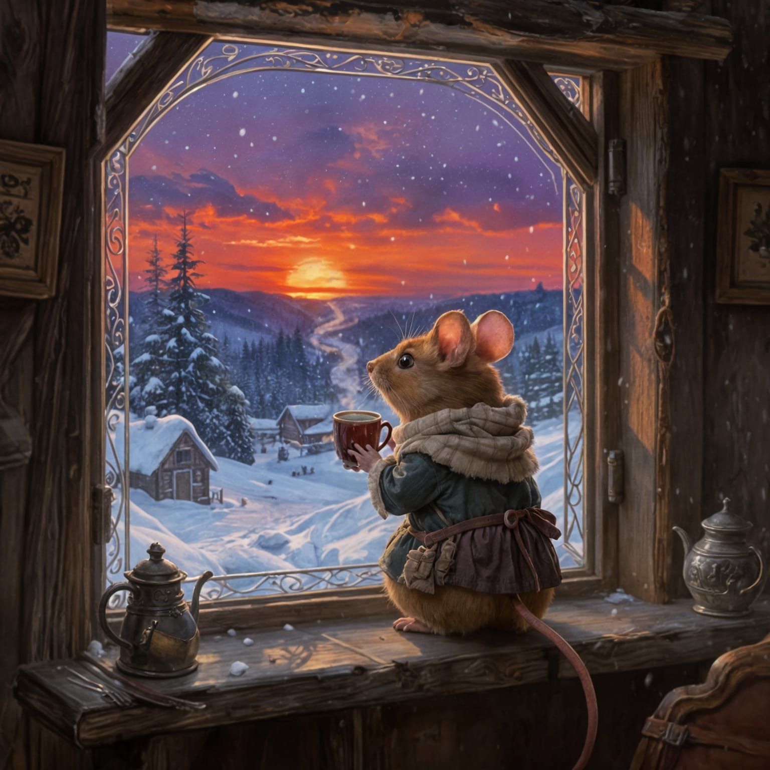 Cozy Mouse in Medieval Clothes Gazing at Snowy Sunset