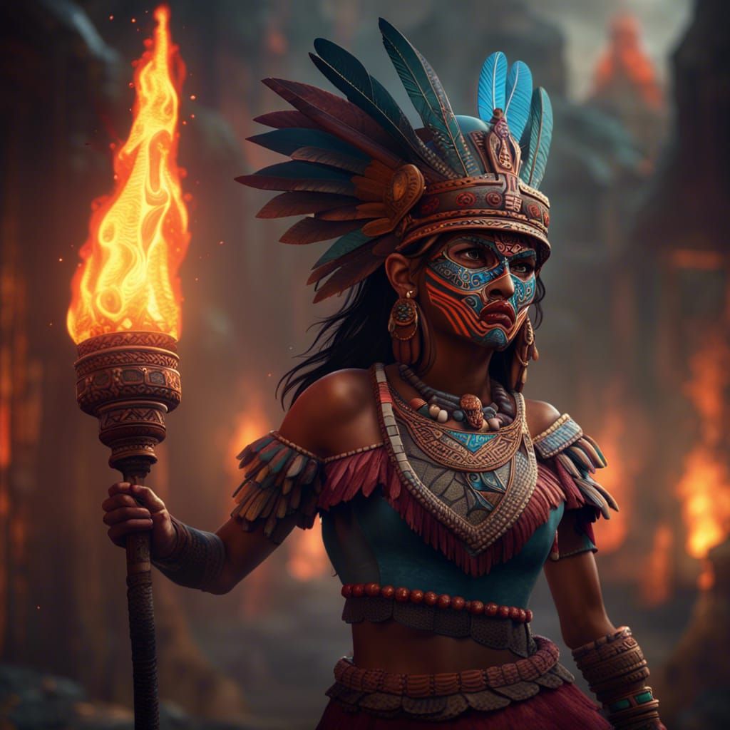 Aztec Masked Woman with Torch in Fantasy Art