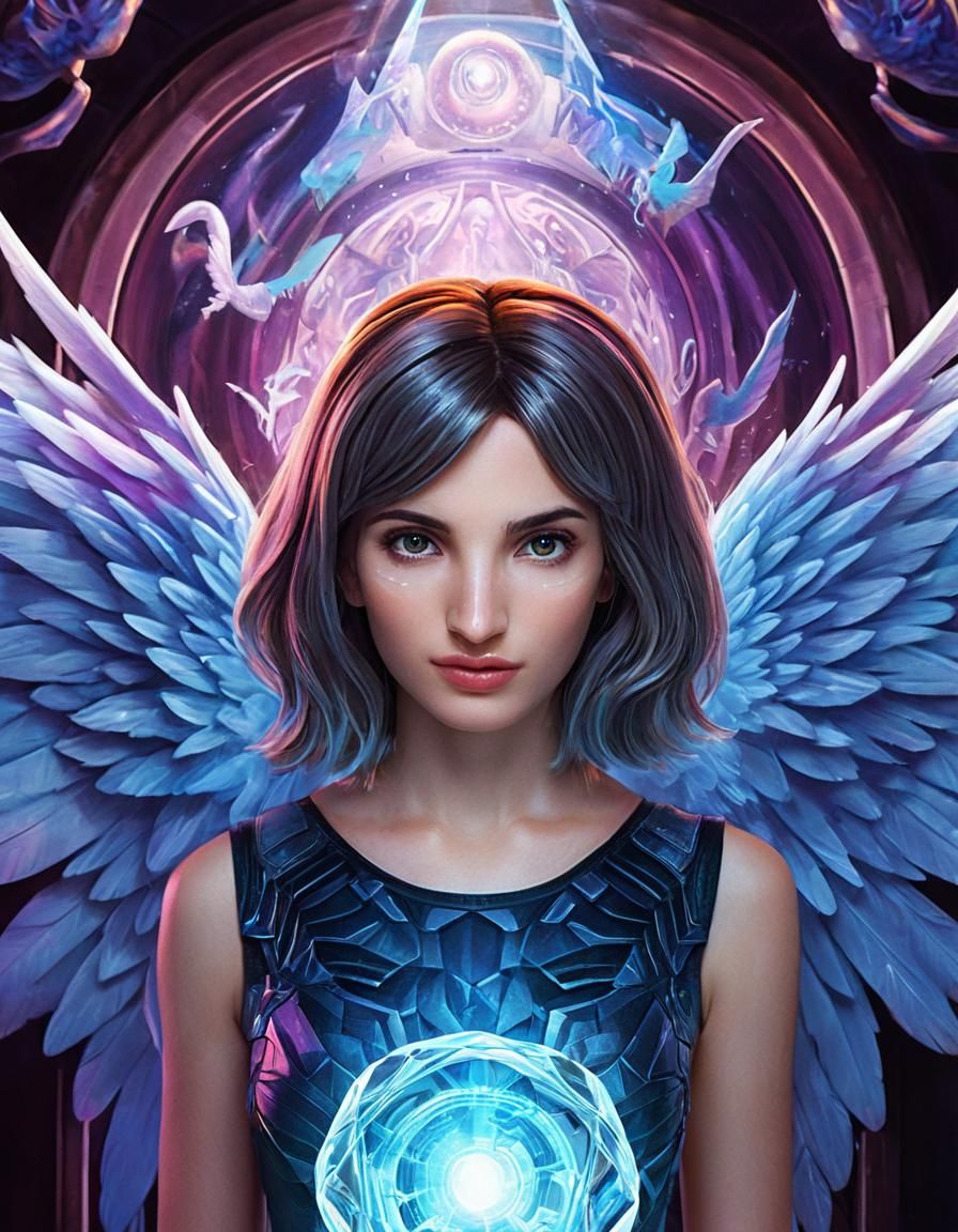 Psychedelic Angel Enters Portal: Cubist Bioluminescent Art