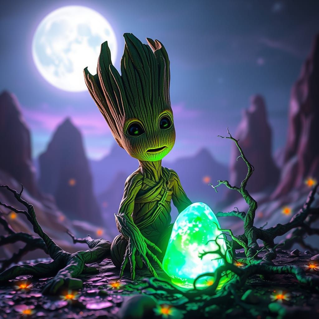 Groot and Glowing Stone in Ethereal Landscape