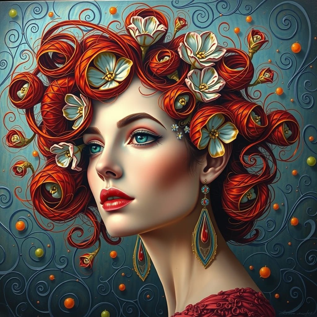 Elegant Woman in Vibrant Floral Hair with Fractal Background...