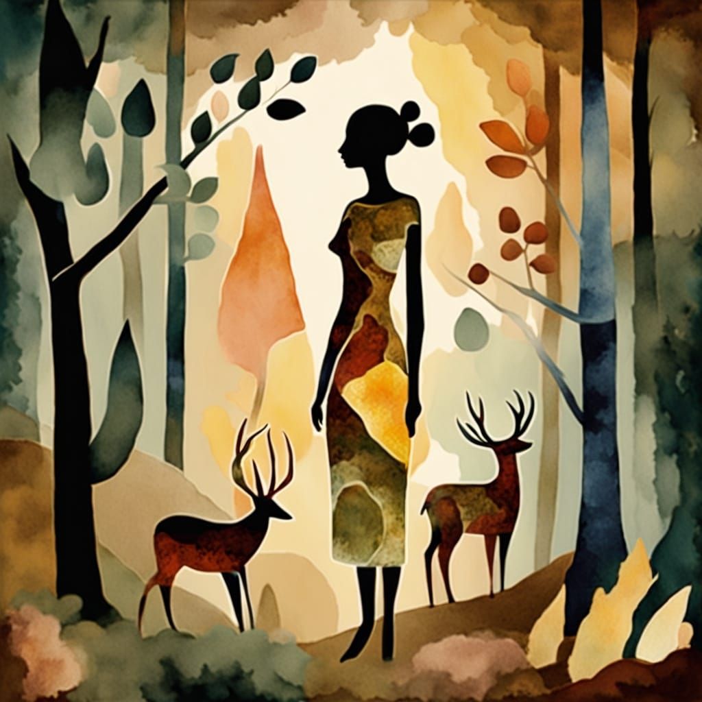 Woman in Woods with Cave Art, Watercolor Style