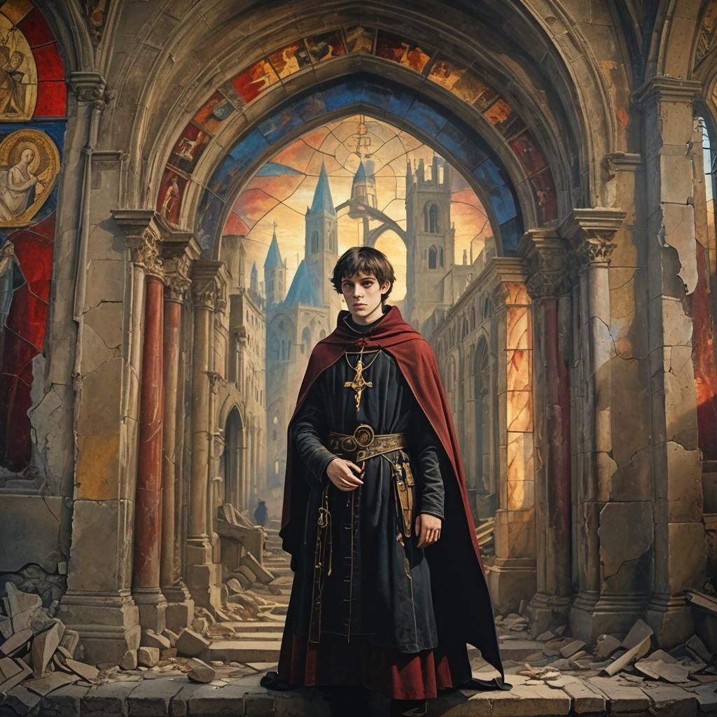 Gothic Teen in Ruined Medieval Fresco