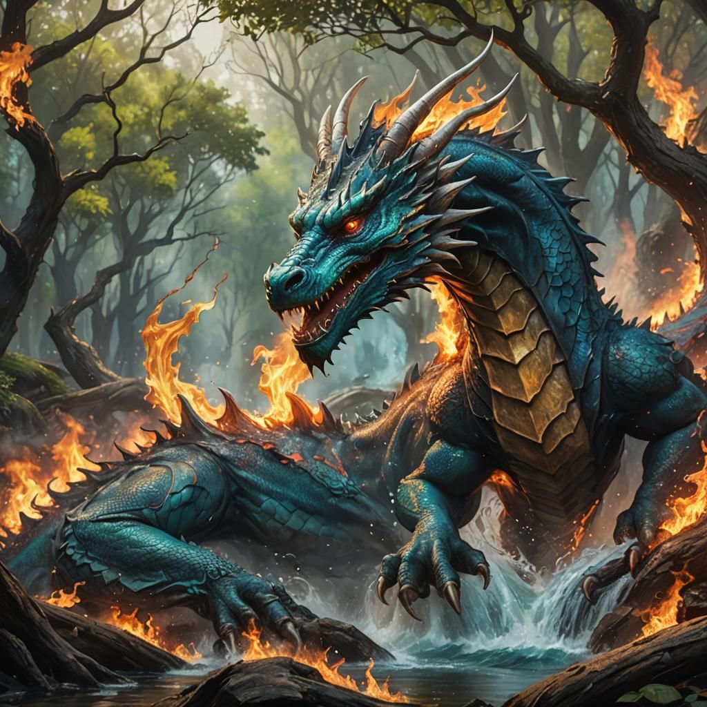Water Dragon Extinguishes Burning Forest: Splash Art