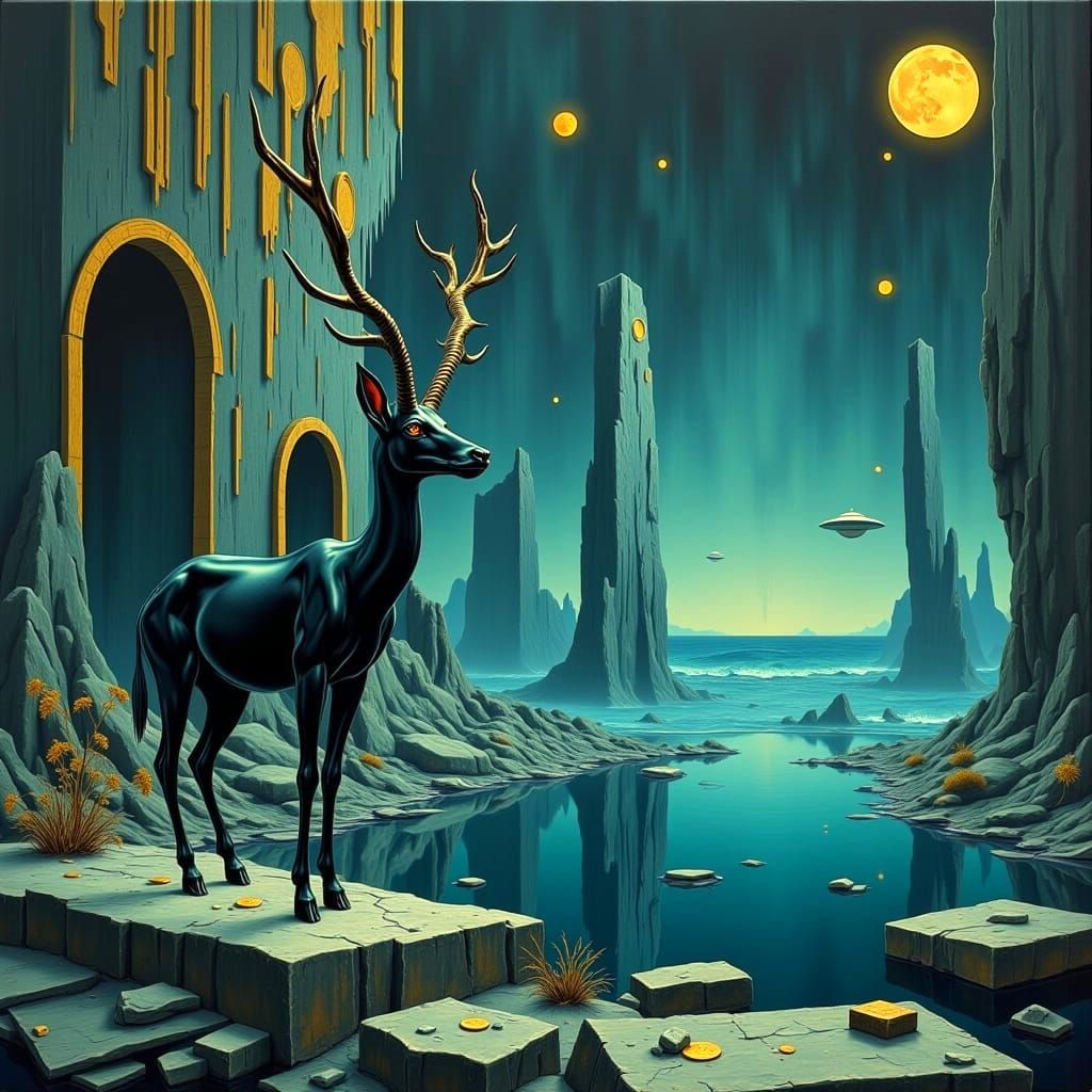 Elegant Night Antelope Beside Reflective Pond