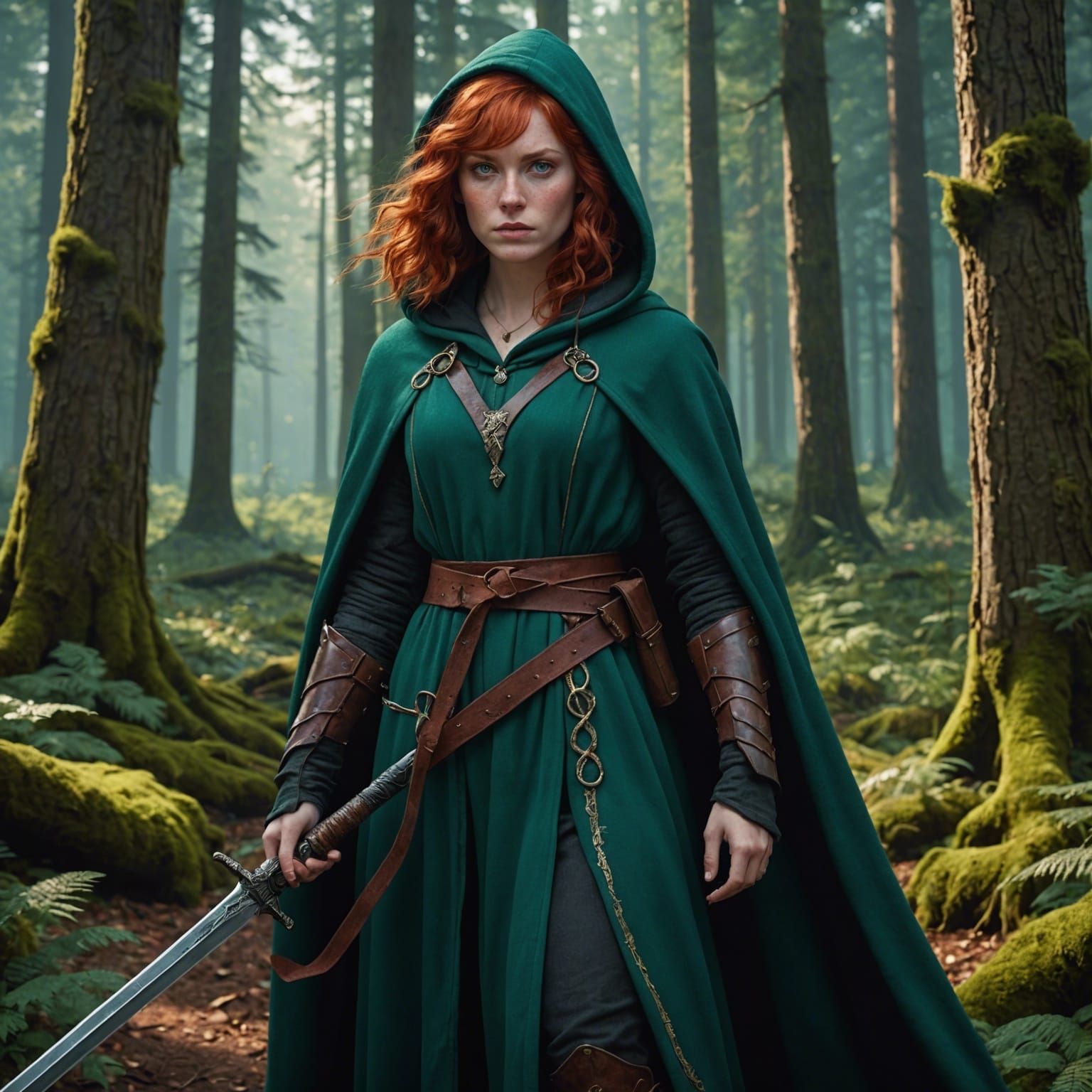 Red-Haired Woman with Sword in Forest, Digital Art