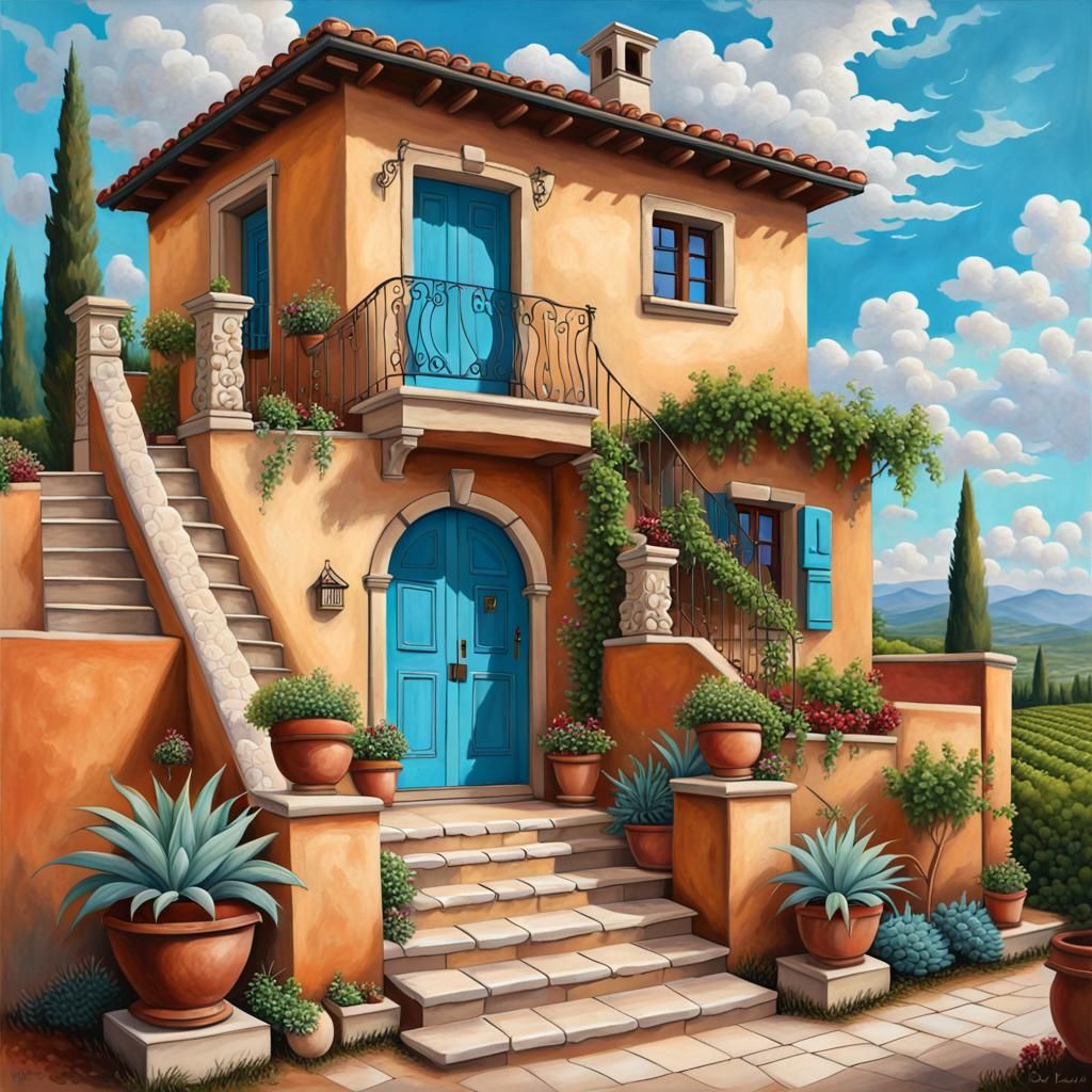 Italian Villa with Vineyard in Detailed Painting