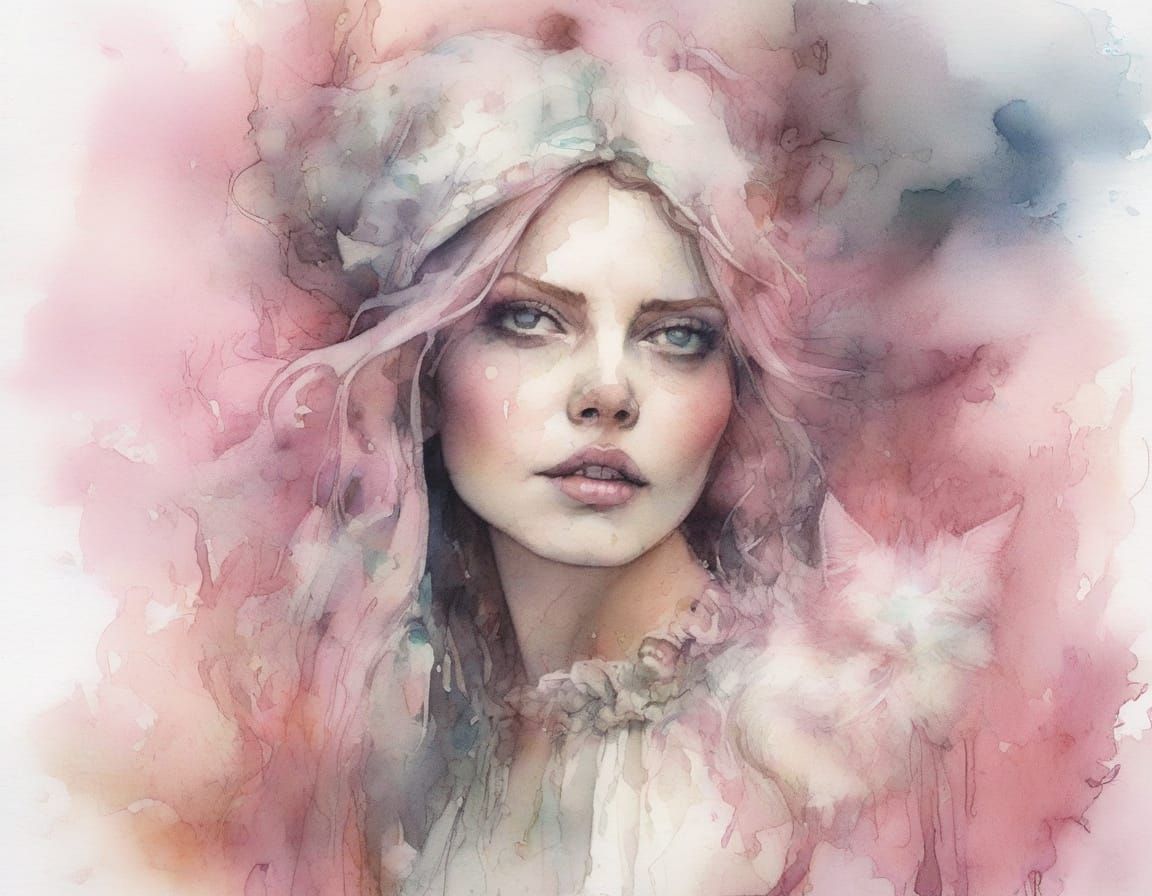 Gothic White Witch with Pink Cat in Watercolour