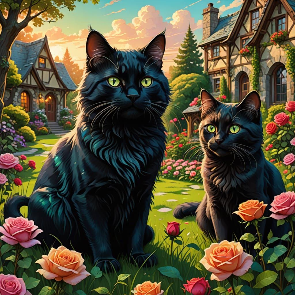Vibrant Digital Art: Cats in a Rose Garden