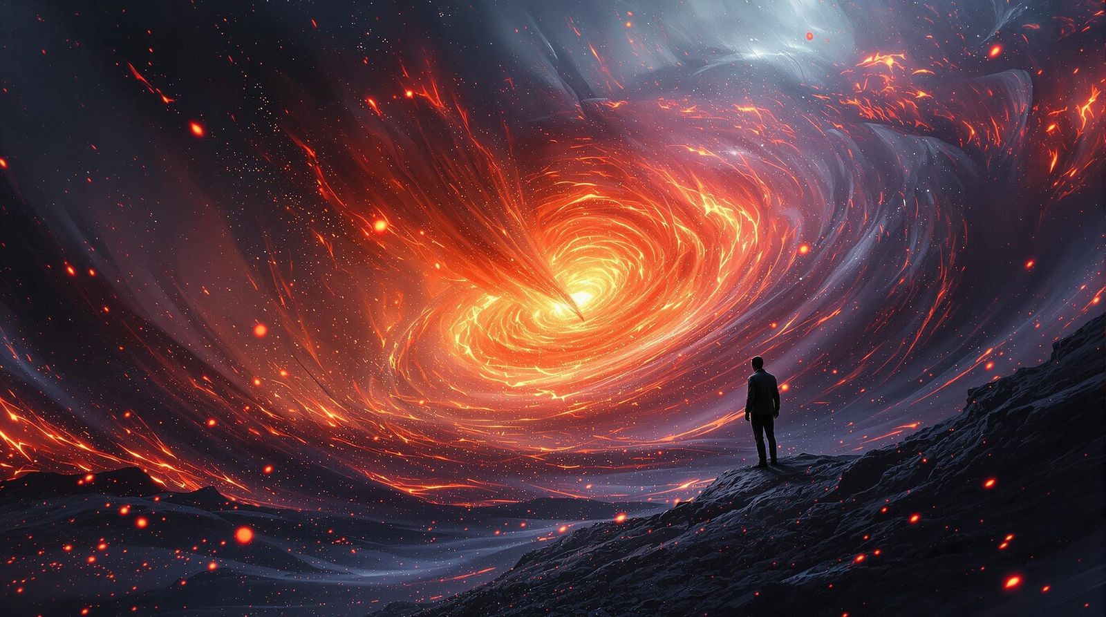 Ethereal Fire Rose Unfolds in Cyberpunk Fantasy Landscape