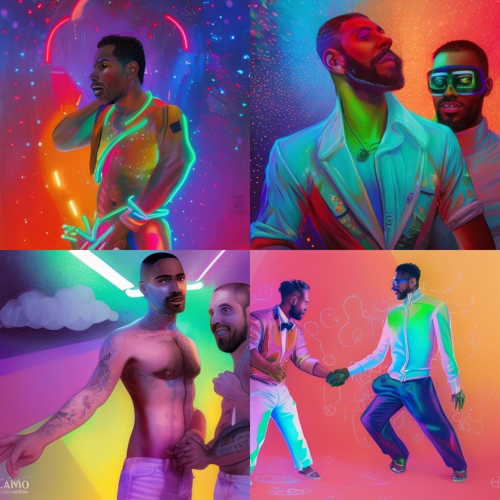 Festive Gay Men of Color in Cyberpunk Style