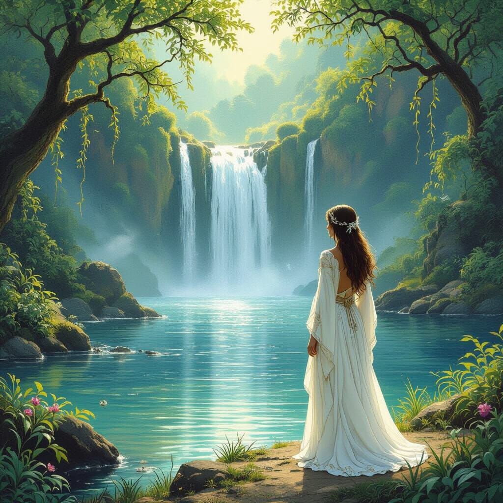 Woman at Mystical Lake Waterfall, Romantic Fantasy Art