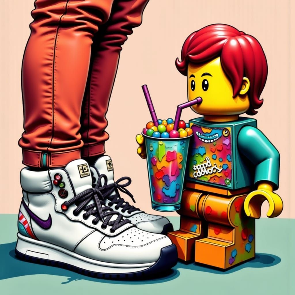 Sneaker and LEGO Brick Enjoying Drinks in Whimsical Style