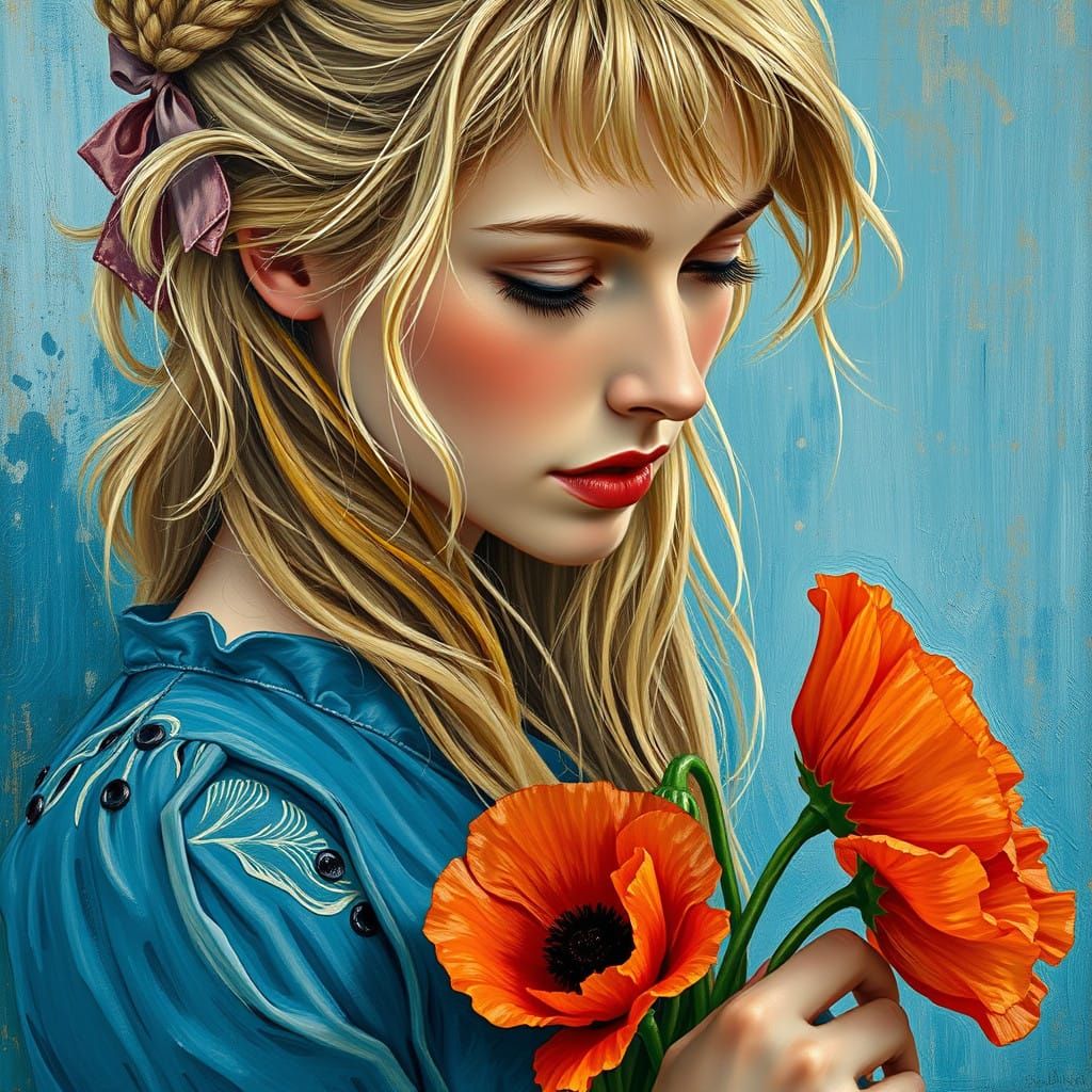 Vibrant Woman in Kobalt Blue, Holding Poppies in Post-Impres...
