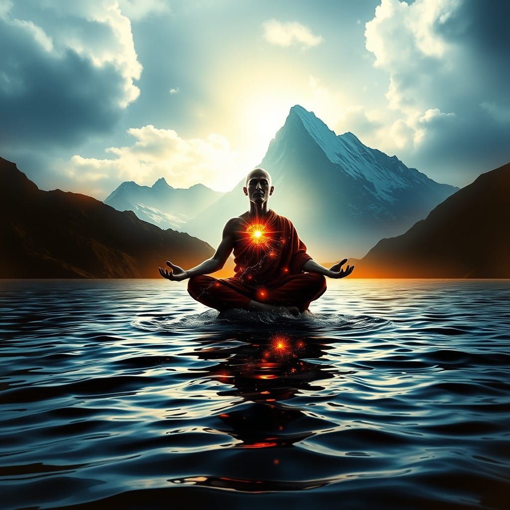 Ethereal Monk in Lotus Position, Radiating Electrifying Glow...