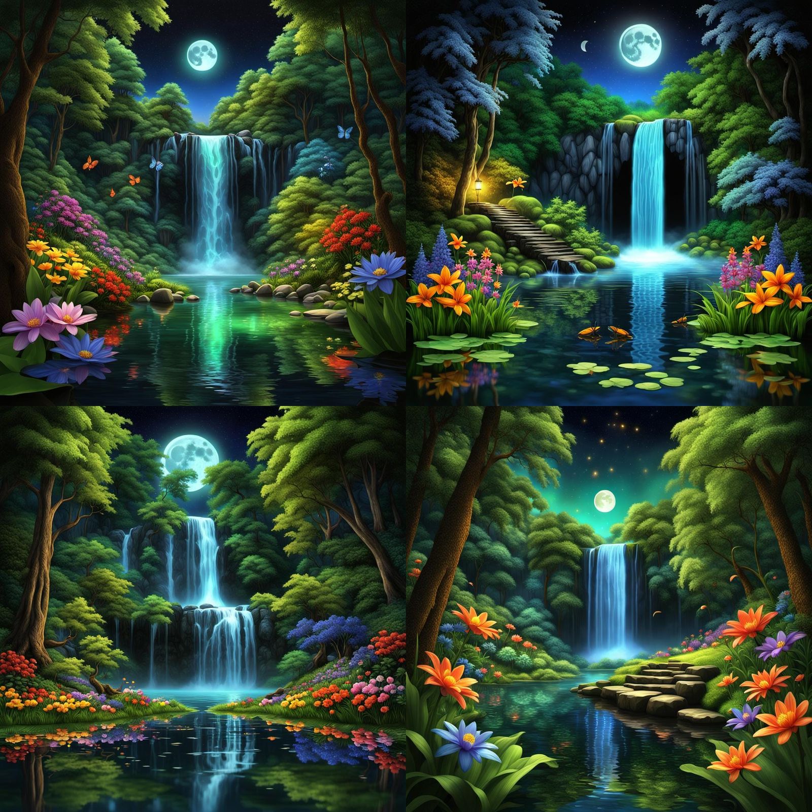 Lush Forest Waterfall Scene with Dynamic Lighting