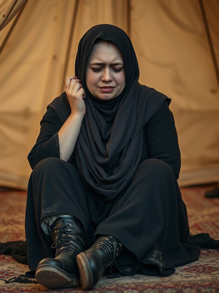 Desperate Middle Eastern Woman in Tattered Tent
