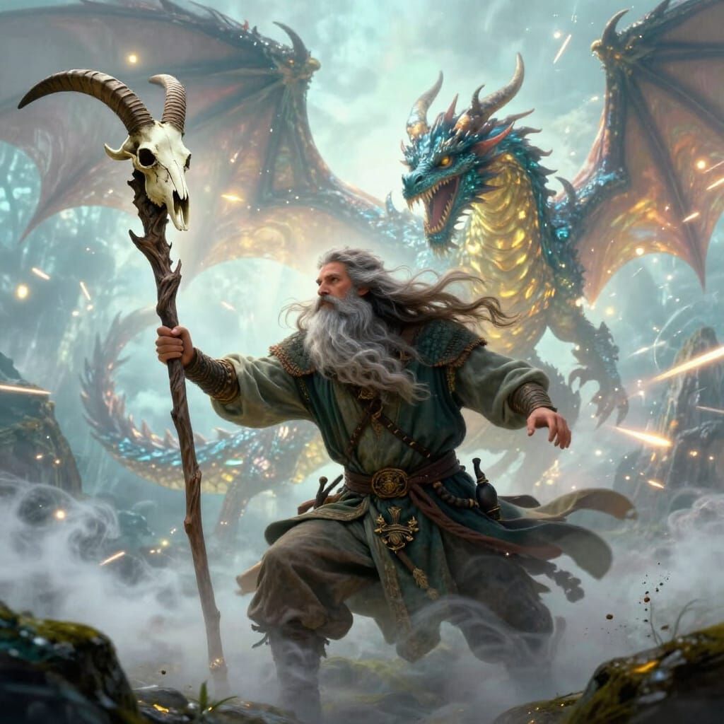 Druid Battles Dragon with Goat Skull Staff