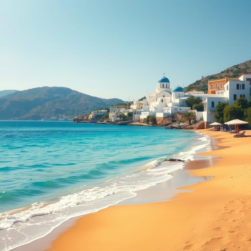 Idyllic Greek Beach Scene in Mediterranean Art Deco Style