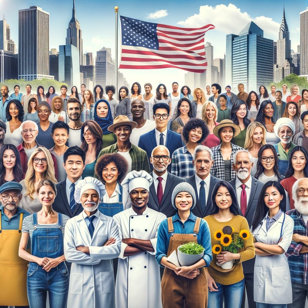 Diverse Americans in Urban Cityscape with American Flag