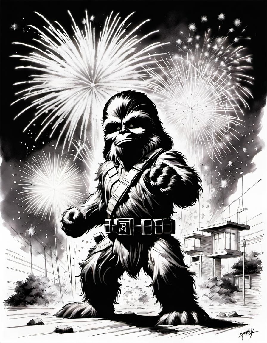Fluffy Wookie in Fireworks: Black and White Comic Art