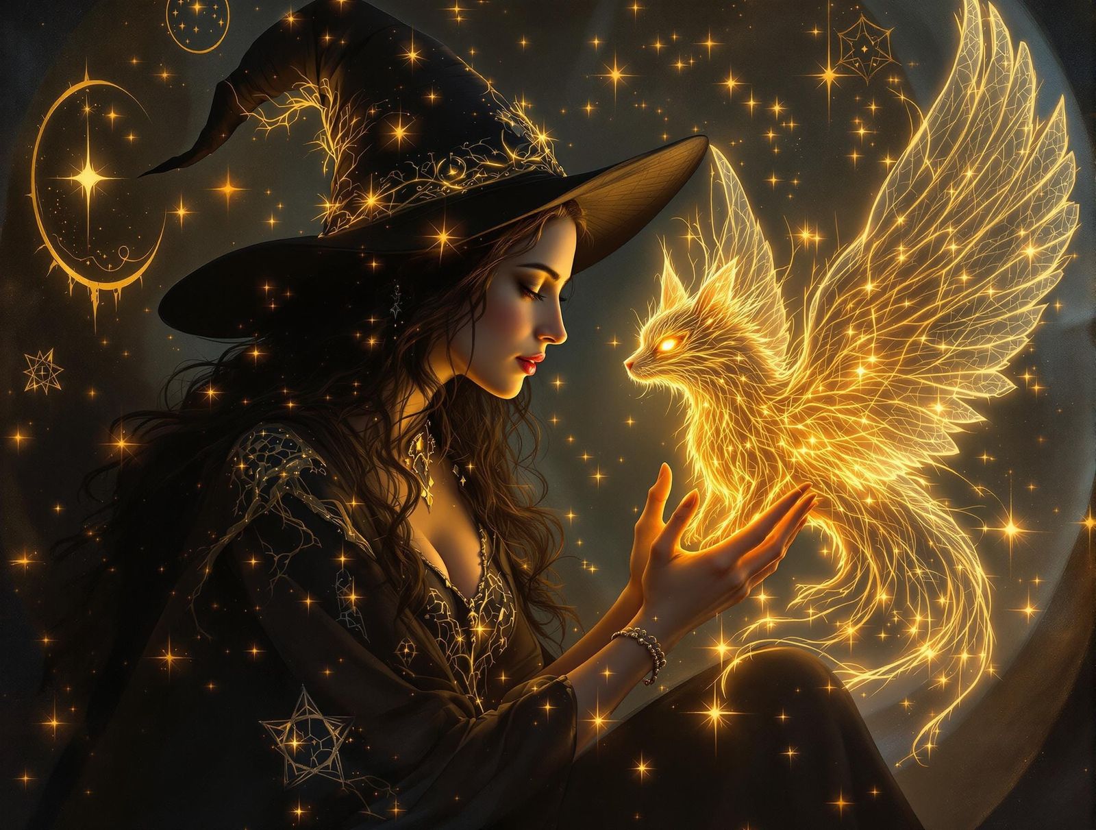 Witch and Familiar Embrace Radiant Magic in Intimate Alcove