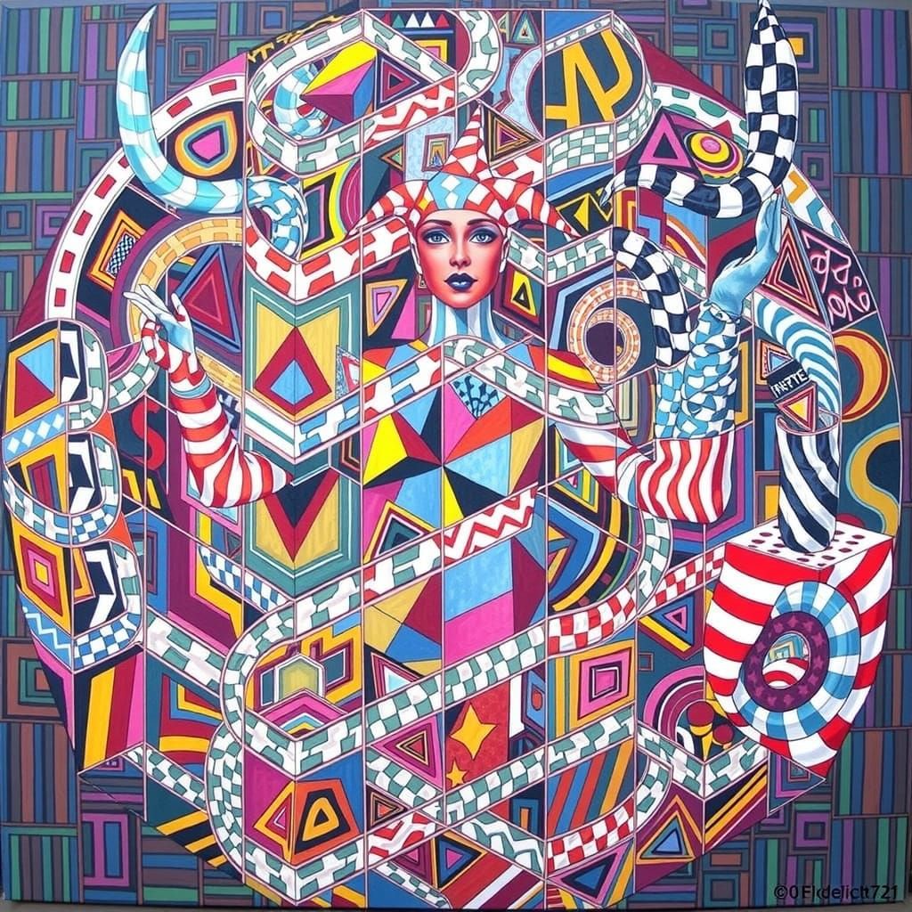 Harlequin Figure in Hypnotic Geometric Maze