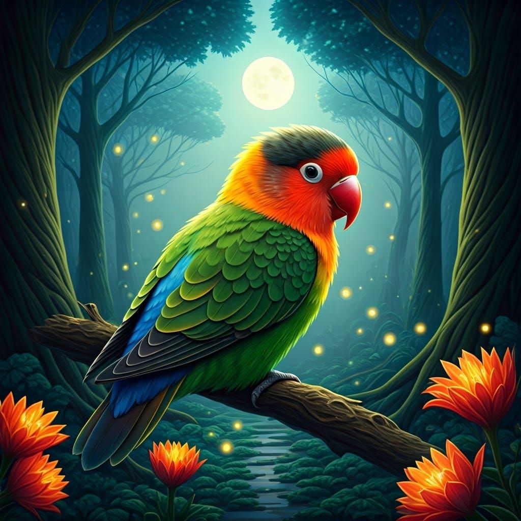 Luminous Lovebird in Moonlit Floral Dreamscape