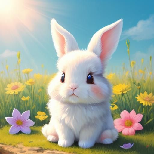 Cute Rabbit in Sunny Flower Meadow Illustration