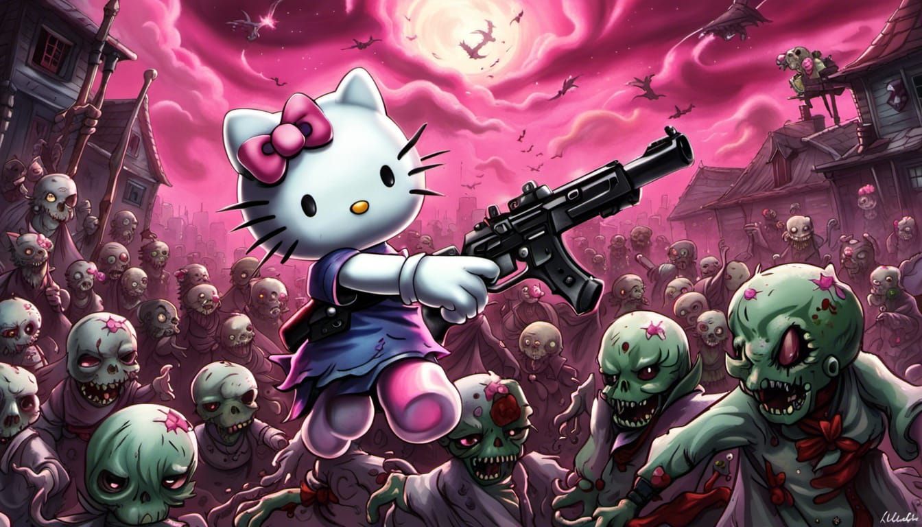 Hello Kitty Battles Zombie Horde in Fantasy Art