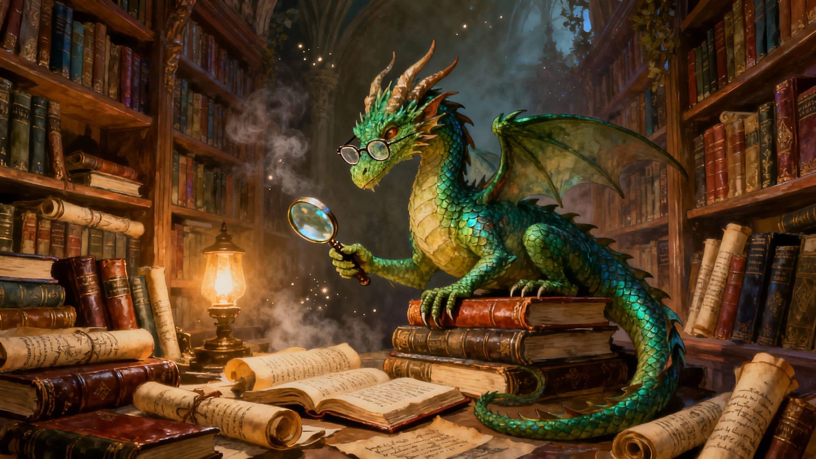 Wise Dragon Organizes Ancient Library in Storybook Style