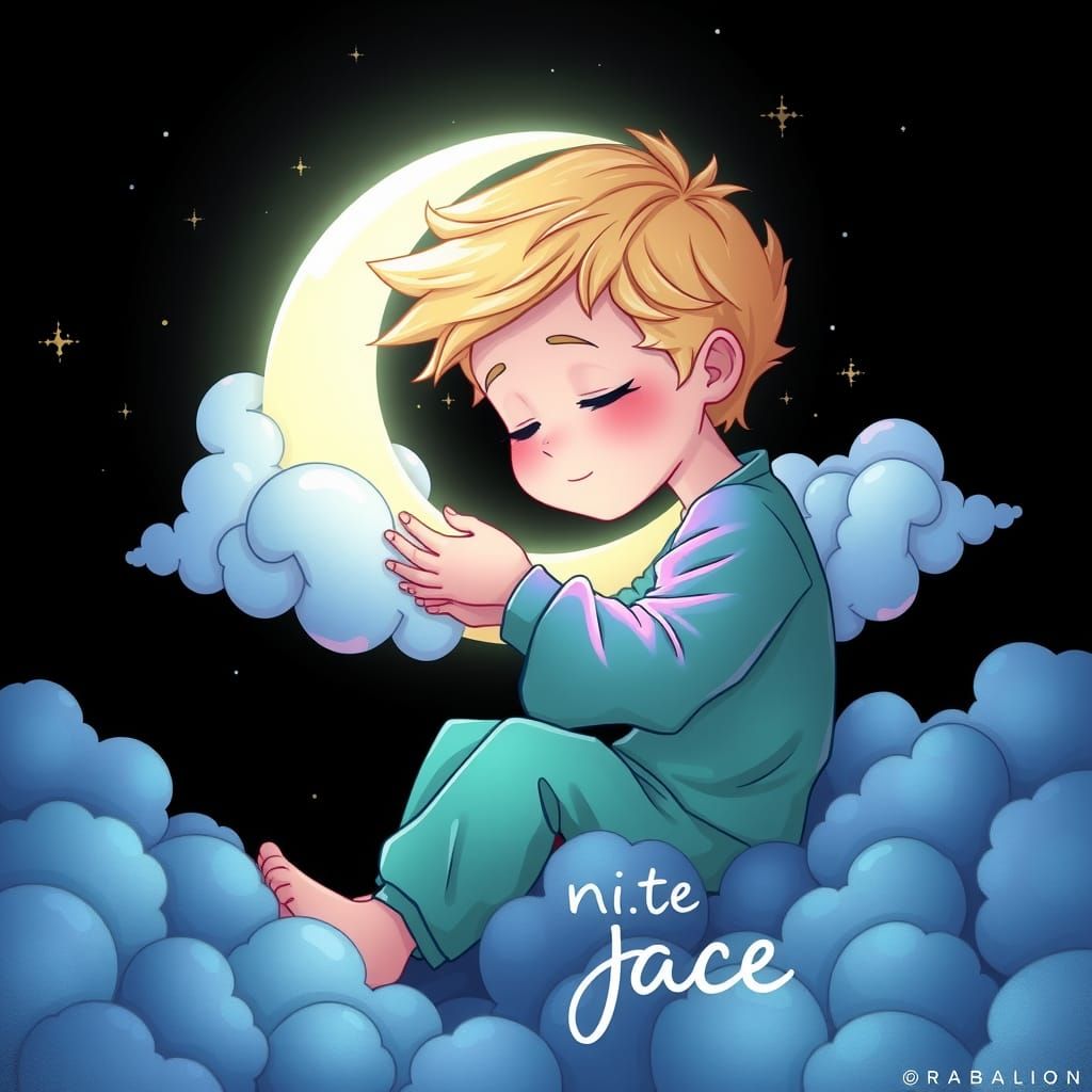 Boy Sleeping on Moon in Pastel Dreamscape