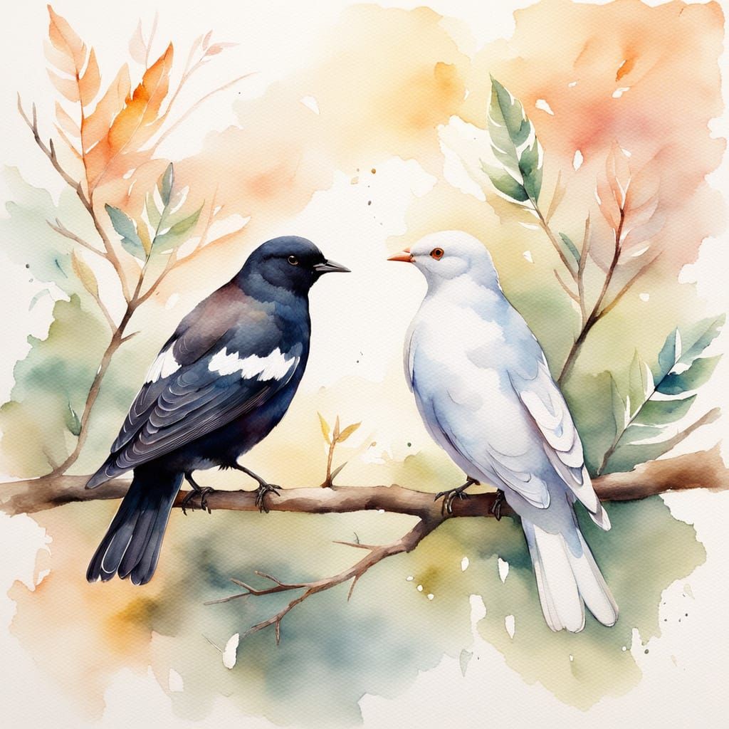 Blackbird and Dove on Branch in Watercolour