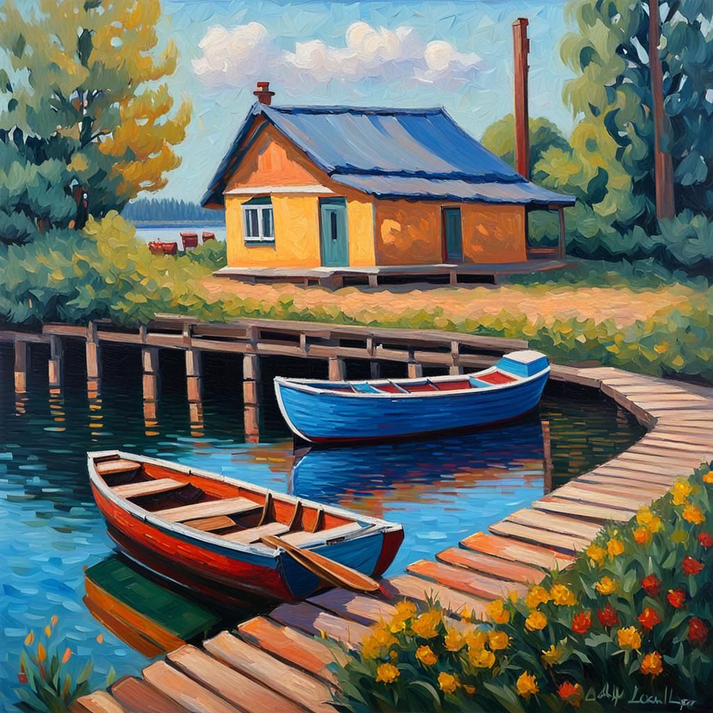 Lakeside House in Neo-Impressionist Oil Painting Style