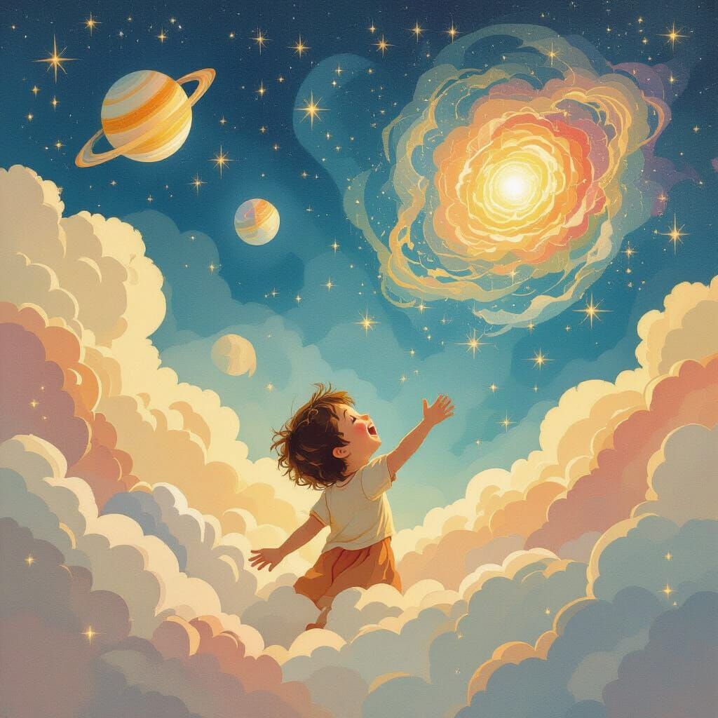 Child Reaching for Stars in Ethereal Sky