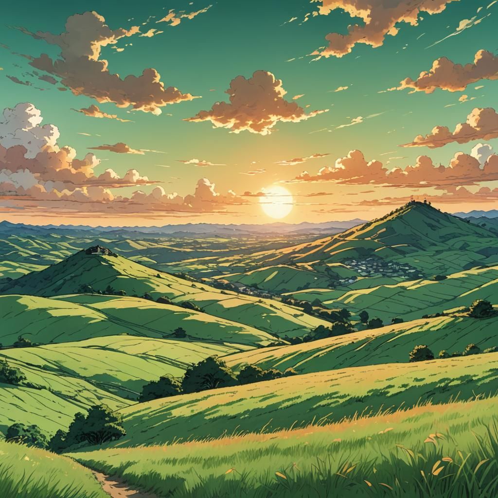 Serene Sunset Hillside in Cel-Shaded Anime Style