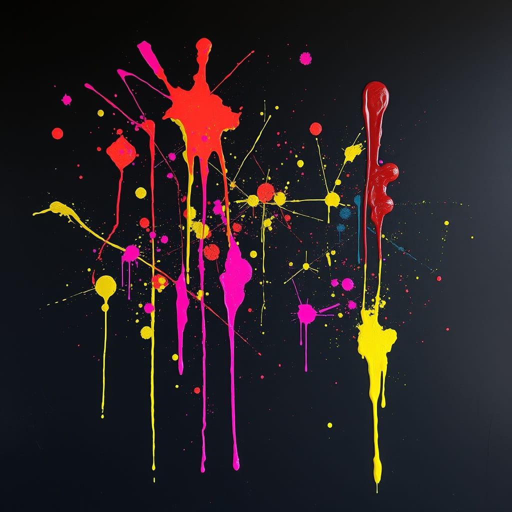 Expressive Neon Paint Splatters on Matte Black Wall