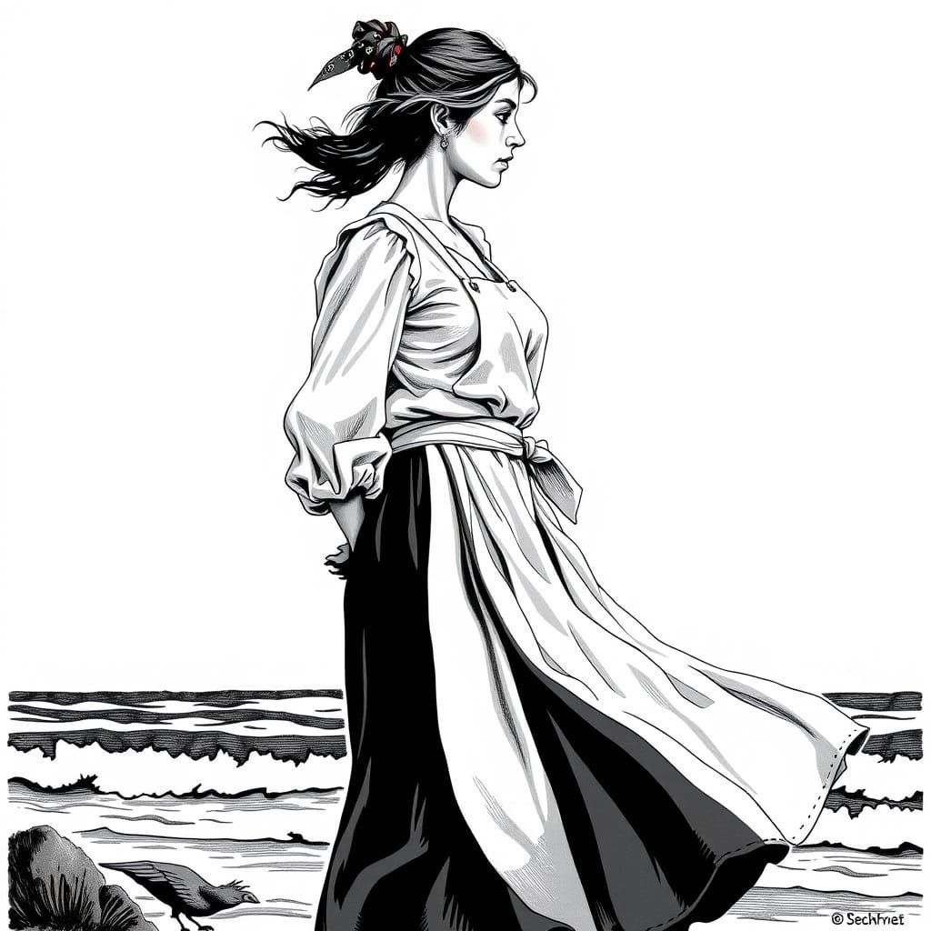 Rustic Woman in Relaxed Pose, Fitted Blouse and Billowy Skir...