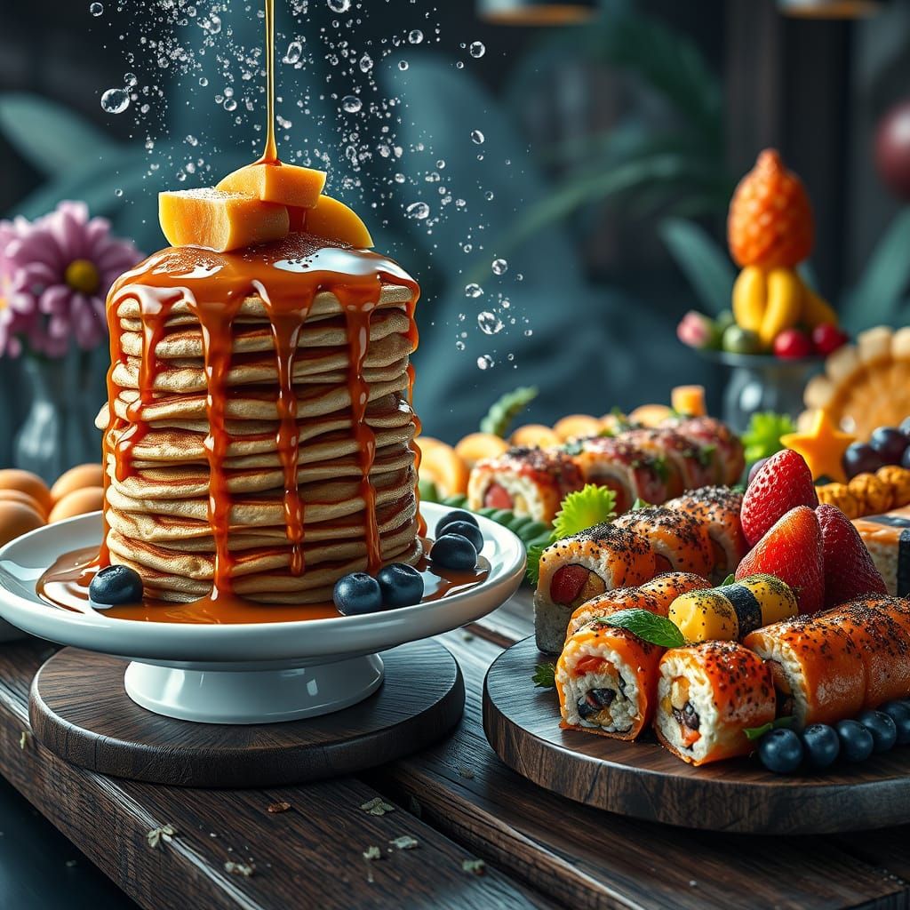 Surreal Buffet: Pancakes, Fruit, and Sushi Art