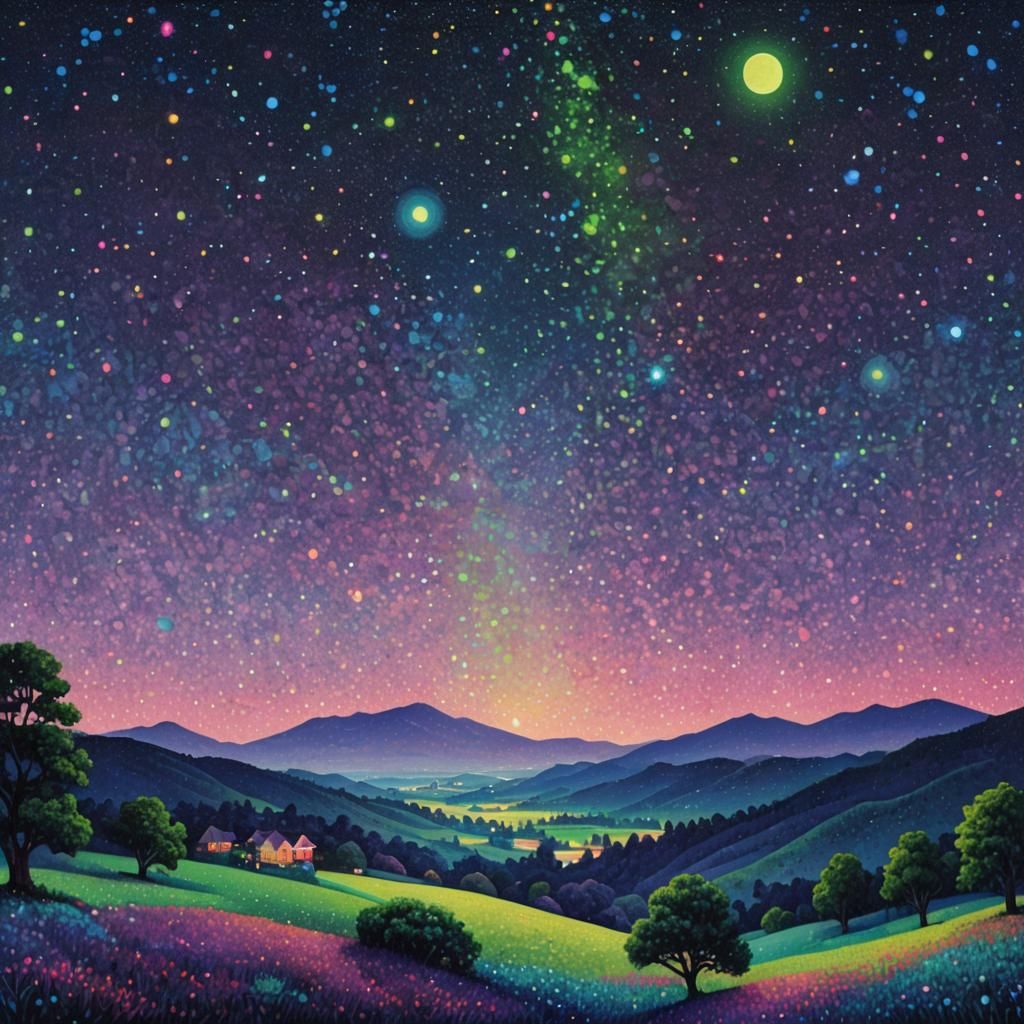 create an image of a night landscape with a full moon and st...