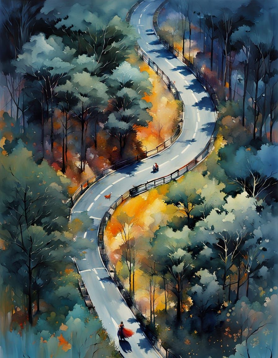 Surreal Winding Road Through Forest, Alcohol Ink Art